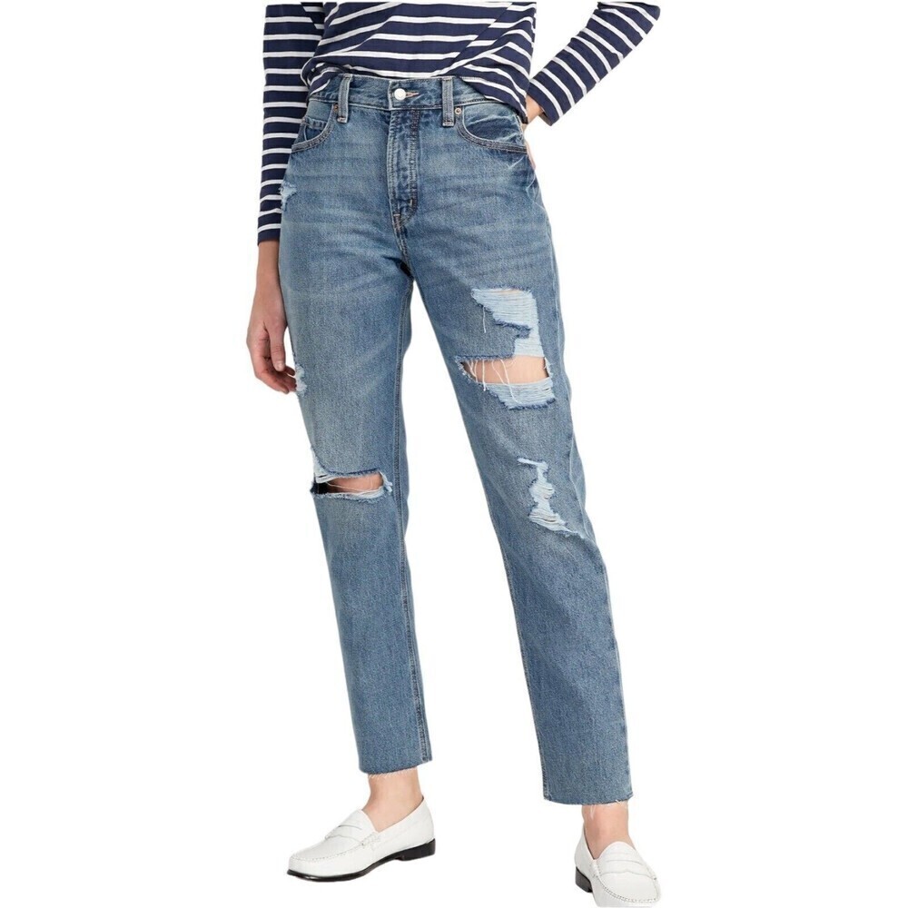 Old Navy High Rise Slouchy Straight Distress Fray Hem ButtonFly Denim Jean‎ Sz 0